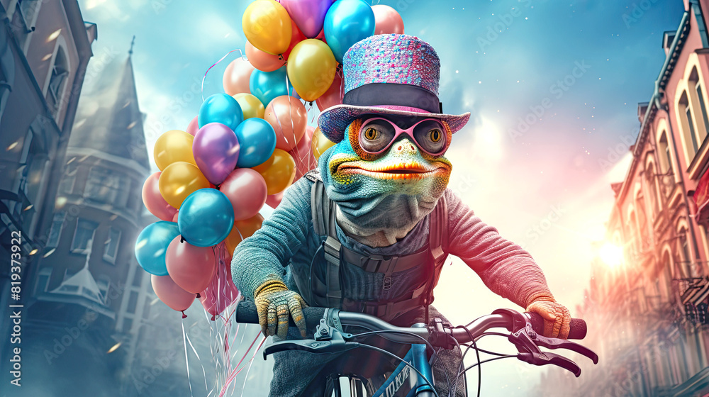 A chameleon is carrying a large bunch of colorful balloons on a bicycle A chameleon is carrying a large bunch of colorful balloons on a bicycle