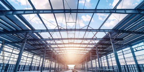 Structure of steel roof truss under the construction building with beautiful sky, site of construction