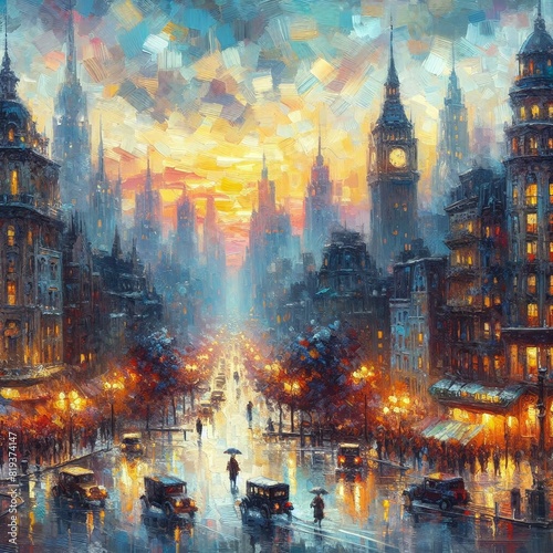 city at night painting art, rain london