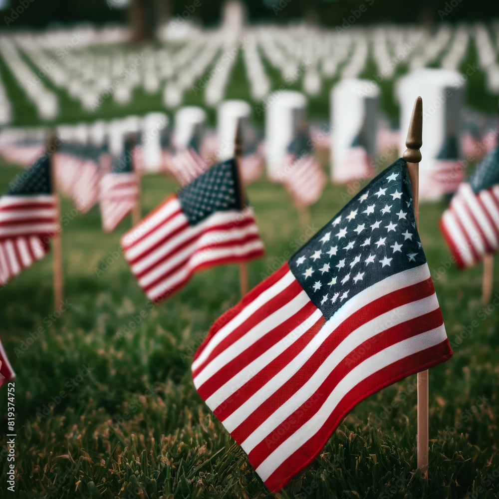 American flags placed on grassy field cemetery, with rows of tombstones in the background