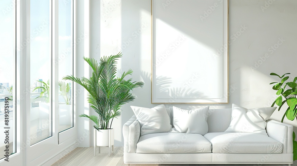 Bright living room interior with a large window and a blank white poster, Bright living room interior with a large window and a blank white poster,