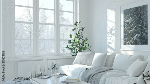 Wallpaper Mural Bright living room interior with a large window and a blank white poster, Torontodigital.ca