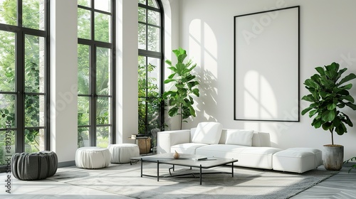 Bright living room interior with a large window and a blank white poster, photo