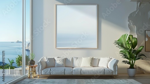 Bright living room interior with a large window and a blank white poster,