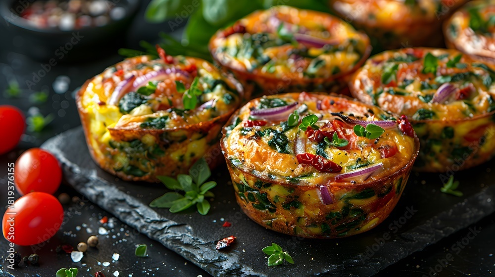 Vegetable egg muffins with spinach, tomatoes, and red onion on slate Vegetable egg muffins with spinach, tomatoes, and red onion on slate