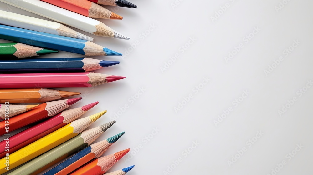 White background with colored pencils arranged in the lower left corner, leaving space for text on top. The colors of each pencil should be bright and vibrant to create an attractive border design White background with colored pencils arranged in the lower left corner, leaving space for text on top. The colors of each pencil should be bright and vibrant to create an attractive border design