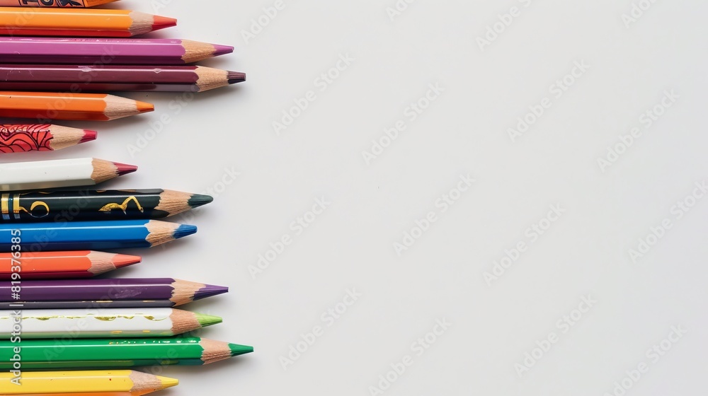 White background with colored pencils arranged in the lower left corner, leaving space for text on top. The colors of each pencil should be bright and vibrant to create an attractive border design White background with colored pencils arranged in the lower left corner, leaving space for text on top. The colors of each pencil should be bright and vibrant to create an attractive border design