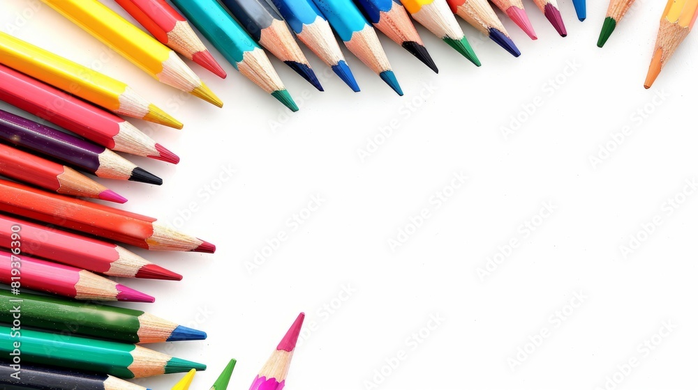 White background with colored pencils arranged in the lower left corner, leaving space for text on top. The colors of each pencil should be bright and vibrant to create an attractive border design White background with colored pencils arranged in the lower left corner, leaving space for text on top. The colors of each pencil should be bright and vibrant to create an attractive border design