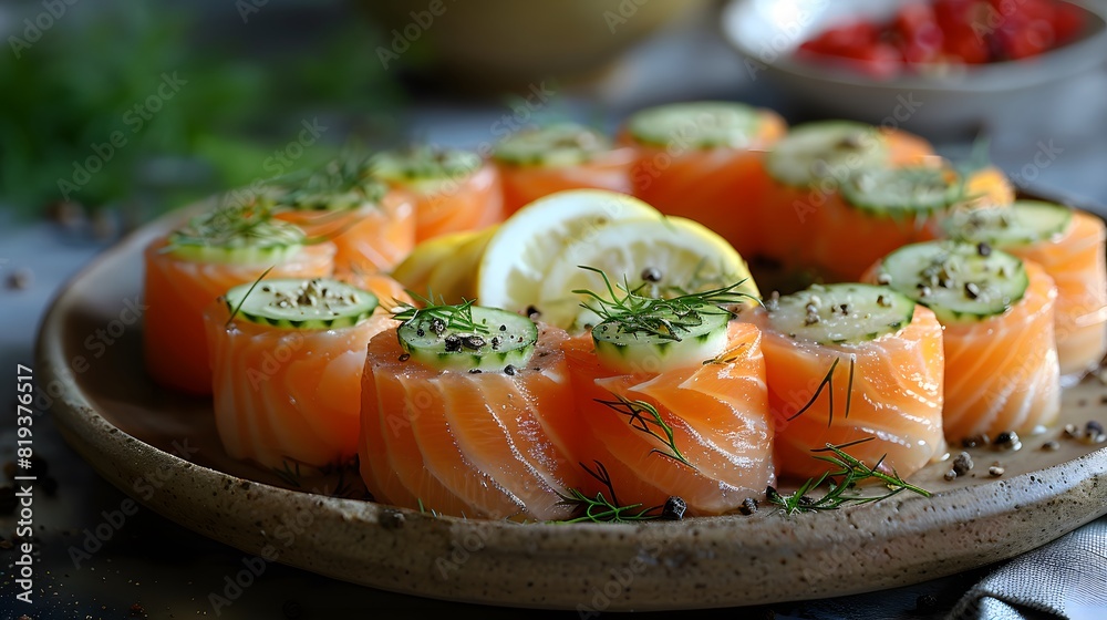 Smoked salmon rolls with cucumber slices, lemon, and dill on rustic plate Smoked salmon rolls with cucumber slices, lemon, and dill on rustic plate