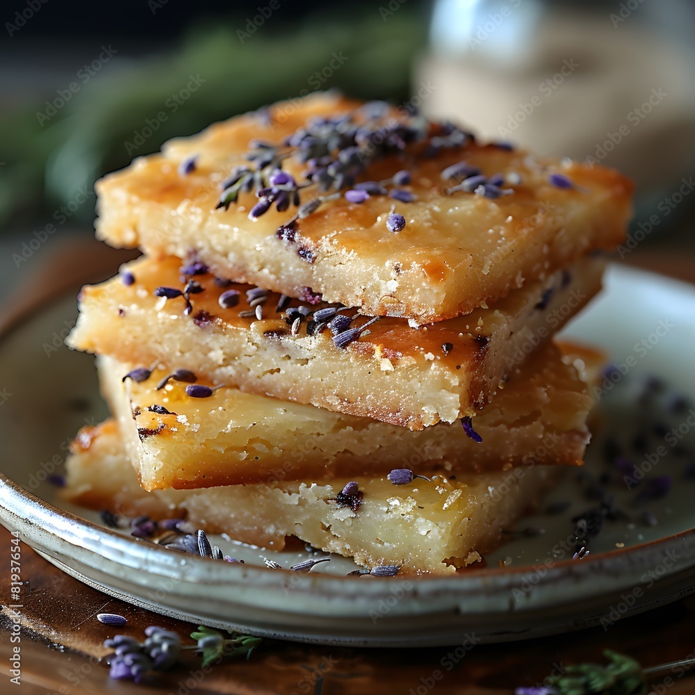 Lavender infused lemon bars stacked on plate, topped with fresh lavender flowers Lavender infused lemon bars stacked on plate, topped with fresh lavender flowers