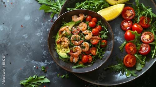 Shrimp and avocado salad with cherry tomatoes and arugula, served with lemon wedges