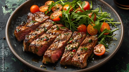 Grilled steak with cherry tomatoes and arugula salad on black plate