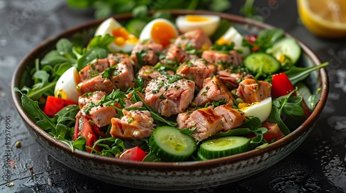 Grilled Salmon Salad with Fresh Vegetables, Boiled Egg, and Lemon Dressing