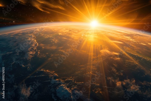 Sunrise as seen from the orbit of space, with the suns golden rays illuminating the curvature of the Earth against the vast