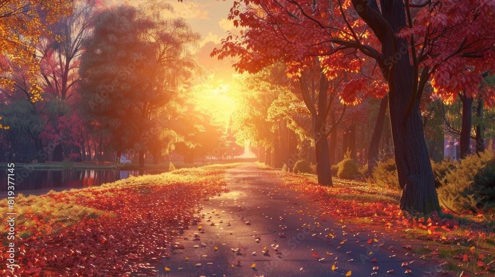 Sunset in the autumn park. Autumn landscape with road and trees