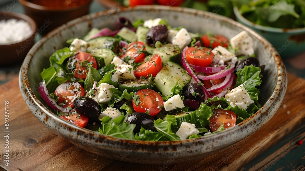 Vibrant salad featuring cucumbers, cherry tomatoes, red onions, and black olives