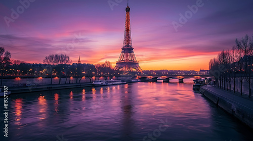 the elegant silhouette of the Eiffel Tower standing against a twilight sky. Below, the Seine River could flow gracefully, reflecting the city lights and the charming bridges that cross its waters