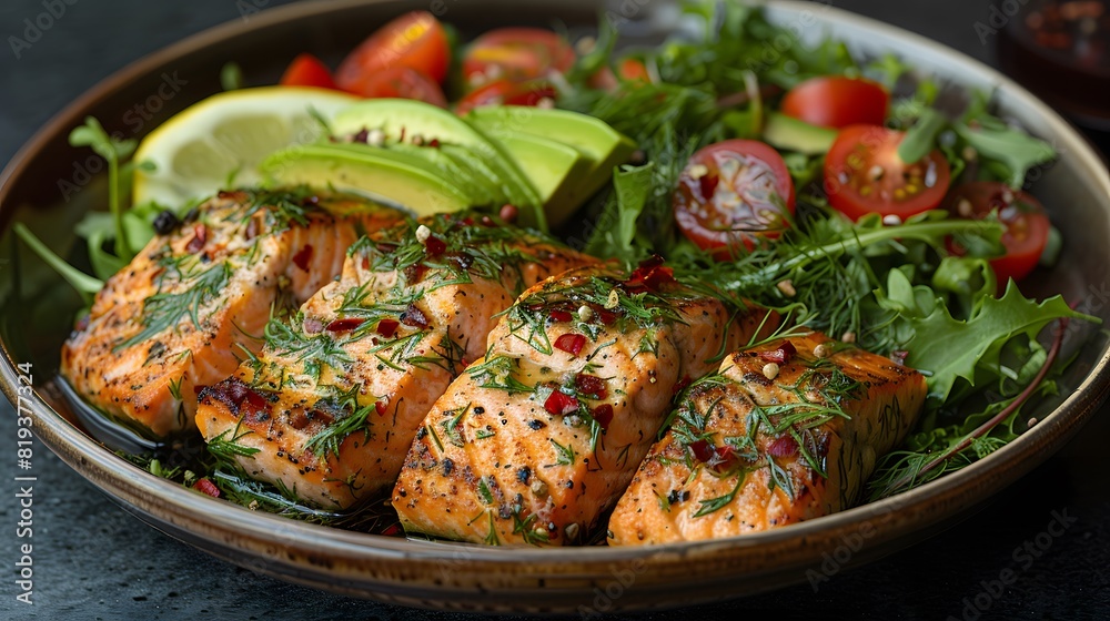 Herb crusted grilled salmon fillets with avocado slices, cherry tomatoes, and mixed greens on ceramic plate