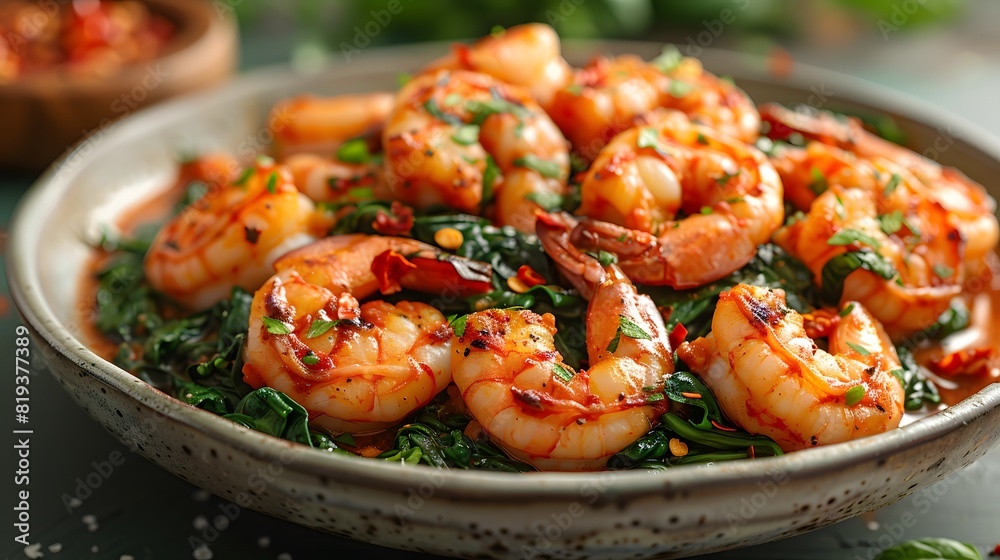 Spicy Garlic Shrimp with Saut�ed Spinach, Red Pepper Flakes, and Fresh Parsley on Rustic Bowl Spicy Garlic Shrimp with Saut�ed Spinach, Red Pepper Flakes, and Fresh Parsley on Rustic Bowl