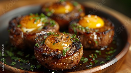 Grilled filet mignon topped with sunny side up eggs, garnished with fresh parsley and coarse sea salt