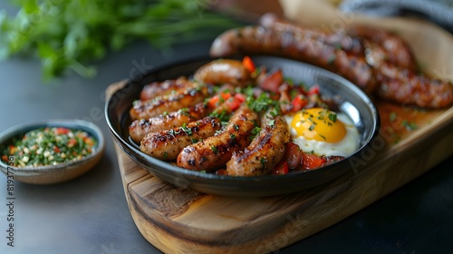 Savory breakfast sausages with sunny side-up egg, saut�ed peppers, and fresh herbs on rustic wooden board