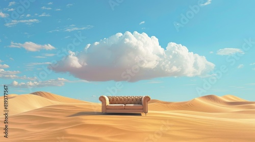 Surreal desert landscape with sofa and cloud on blue sky, dream concept