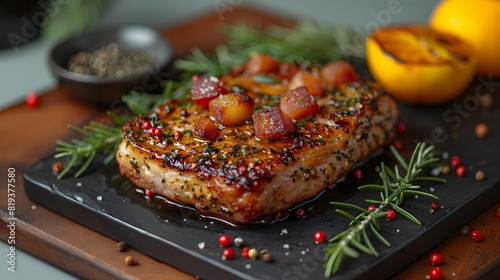 Honey Glazed Pork Chop with Candied Apples, Fresh Rosemary, and Peppercorns on Black Slate, Gourmet Pork Dinner with Sweet and Savory Flavors