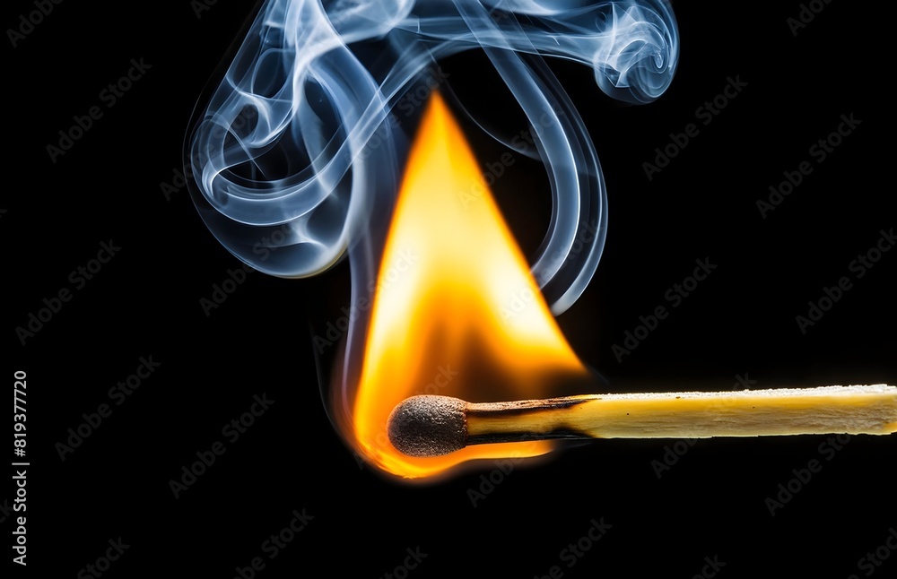 A macro shot of burning matchstick isolated with black background. A macro shot of burning matchstick isolated with black background.
