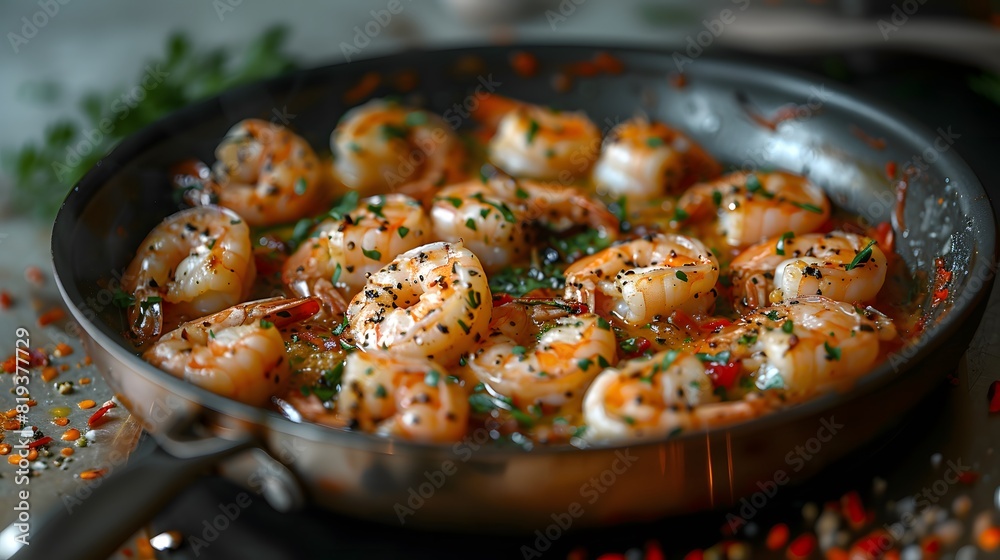 Juicy shrimp in skillet with herbs and spices, garnished with parsley and served in savory sauce Juicy shrimp in skillet with herbs and spices, garnished with parsley and served in savory sauce