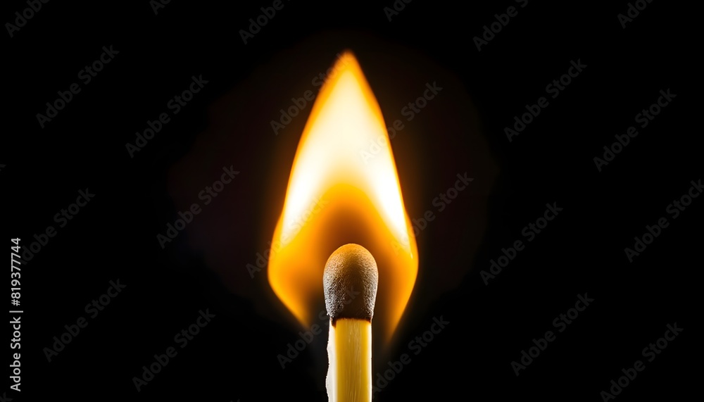 A macro shot of burning matchstick isolated with black background.