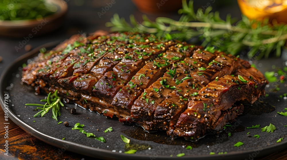 Flavorful roasted beef brisket with herbs and spices, served on a dark plate with garnish of fresh herbs Flavorful roasted beef brisket with herbs and spices, served on a dark plate with garnish of fresh herbs