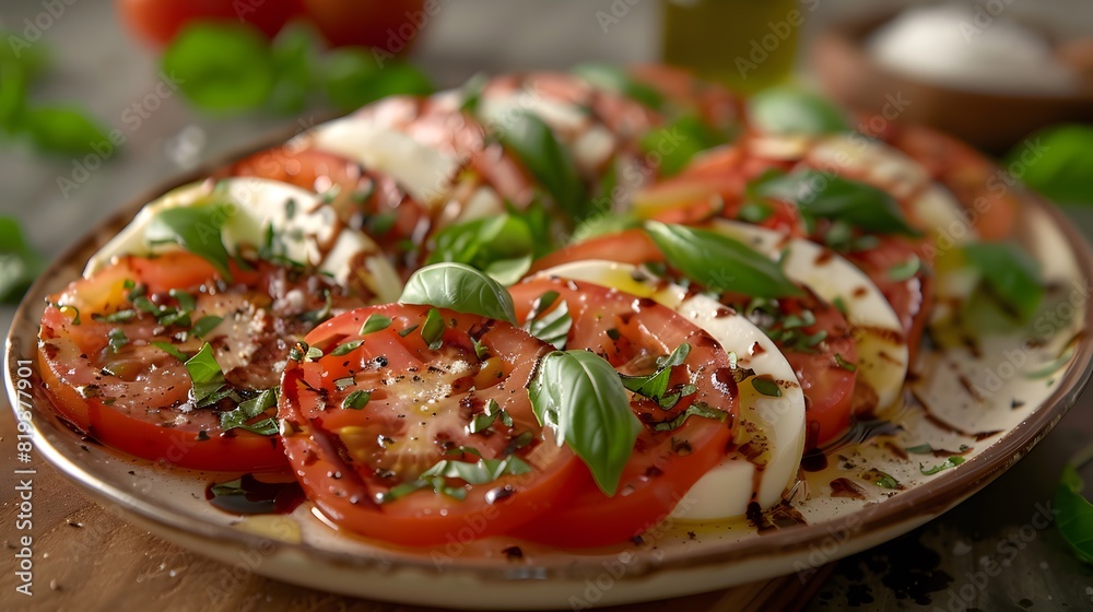Fresh Caprese Salad with Sliced Tomatoes, Mozzarella, Basil, and Balsamic Reduction on Ceramic Plate Fresh Caprese Salad with Sliced Tomatoes, Mozzarella, Basil, and Balsamic Reduction on Ceramic Plate
