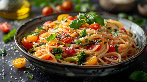 Spaghetti Pasta with Cherry Tomatoes  Basil  and Broccoli in Black Bowl on Dark Background