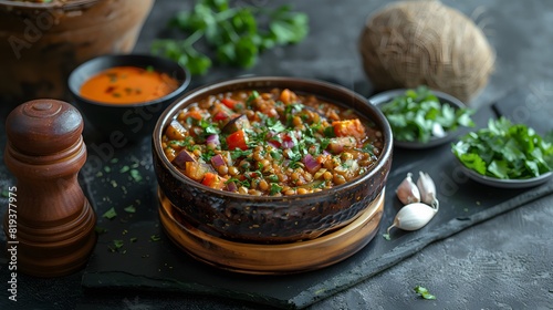 Hearty Lentil Stew with Vegetables and Fresh Herbs in a Rustic Bowl on Dark Table