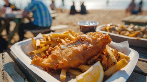 Traditional English fish and chips at the seaside in England, fish and chip dinner with view of beach in background