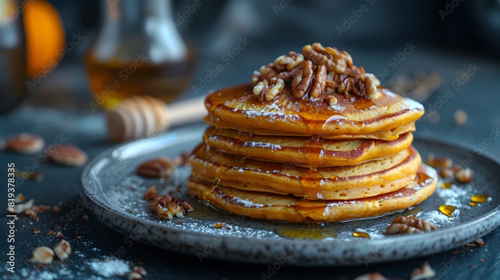Fluffy pancakes drizzled with syrup and topped with crunchy pecans for sweet breakfast treat Fluffy pancakes drizzled with syrup and topped with crunchy pecans for sweet breakfast treat