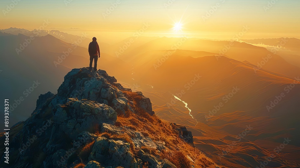 A silhouette of a lone hiker standing on a mountain peak, overlooking a vast valley at sunrise