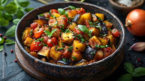 Hearty vegetable ratatouille with eggplant, tomatoes, and fresh herbs in rustic bowl