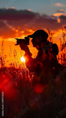A silhouette of a photographer capturing a shot, with their camera outlined against a vibrant sunset