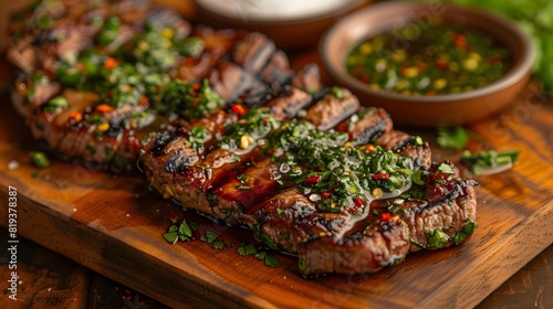 Grilled Flank Steak with Homemade Chimichurri Sauce, Fresh Parsley, and Red Chili on Wooden Cutting Board