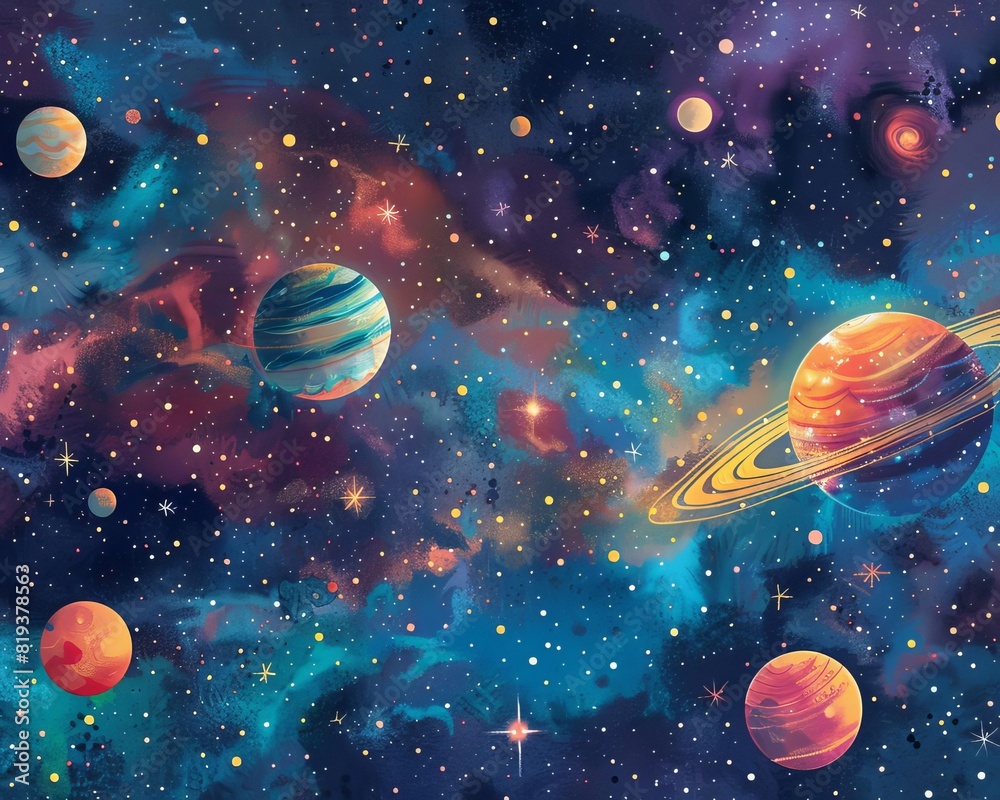 Fototapeta premium A spacethemed wallpaper with detailed illustrations of planets, stars, and galaxies in vibrant colors