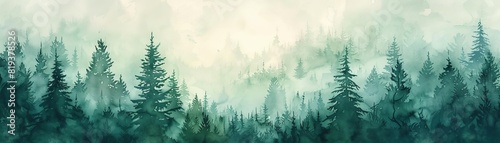 A soothing wallpaper with a watercolor landscape of a misty forest at dawn, in soft greens and blues