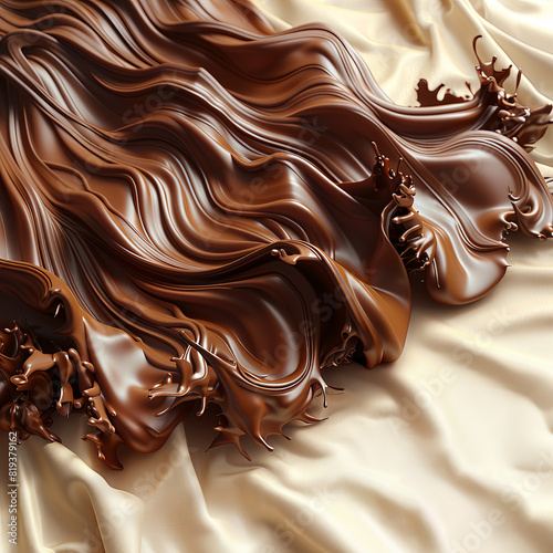 Dynamic liquid chocolate flowing artistic wave pattern, with chocolate beads suspended in mid air
