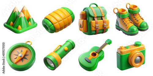 Set of travel icons color green and yellow 4. 3D on a transparent PNG background