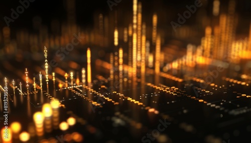 A stock market graph in gold and black on the background, representing an advanced financial instruments setup with high technology elements. © SH Design