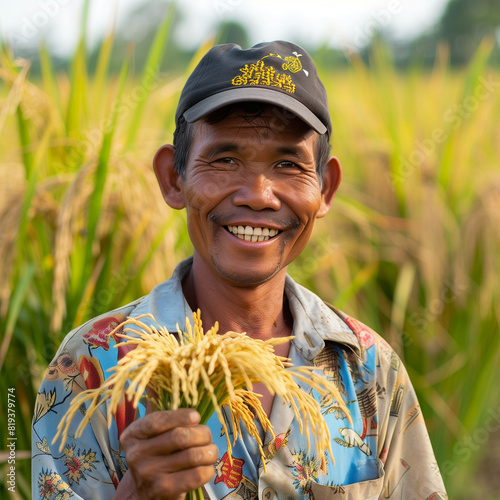 a farmer holding ripe yellow rice in his hand smiling brightly while facing forward in the rice paddy photo