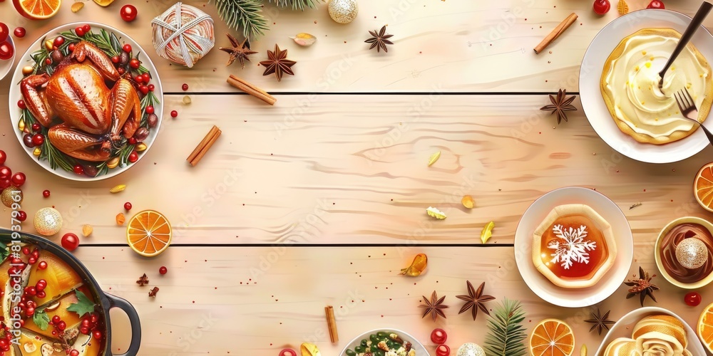 Thanksgiving Food and Dessert for party invitation, Christmas party celebration with dinner meal on table Thanksgiving Food and Dessert for party invitation, Christmas party celebration with dinner meal on table