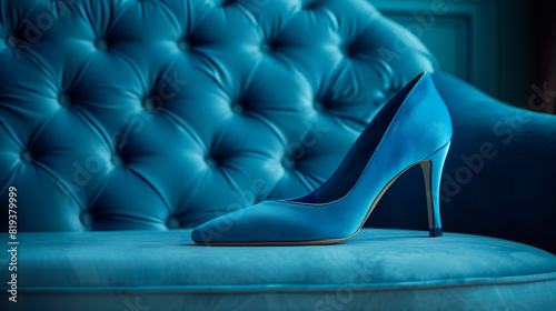 A stiletto heel resting on a blue velvet cushion, delicate balance between elegance and power  photo