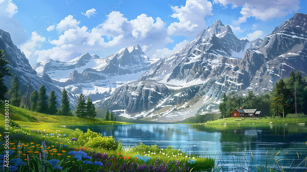 a serene mountain lake nestled among towering peaks, their snow-capped summits piercing the clear blue sky? In the foreground, colorful wildflowers dot the lush green meadows