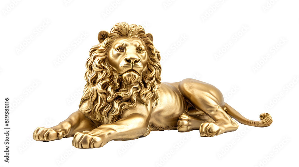 A statue of a lion in literature, painted gold, sits and protects from danger isolated on white background. A statue of a lion in literature, painted gold, sits and protects from danger isolated on white background.